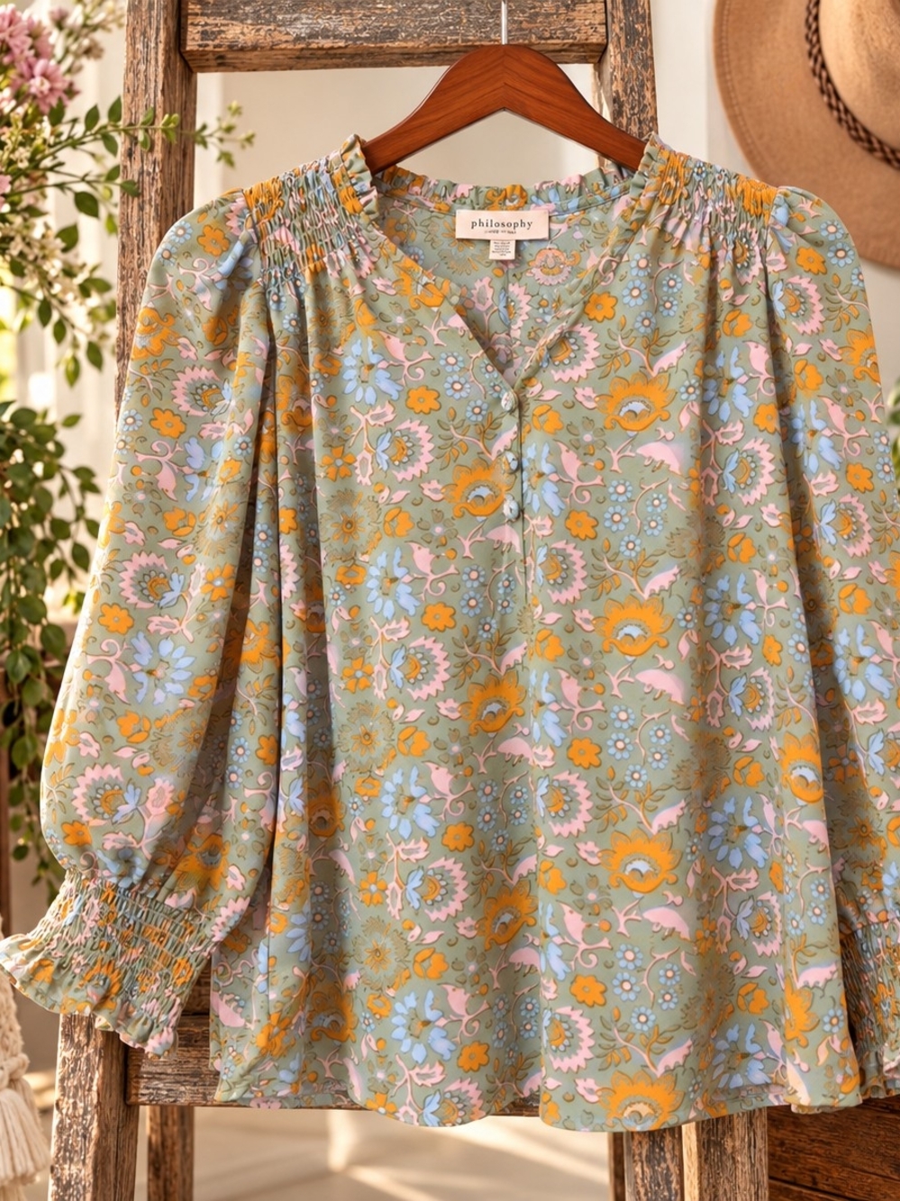 Title: Philosophy NWT Women’s SP Sage Floral Smocked Sleeve Blouse